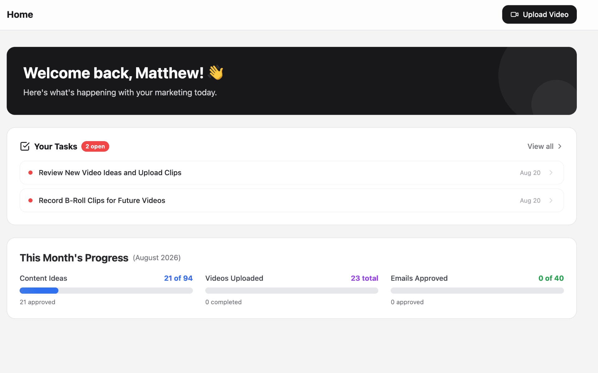 The Own It Social client portal: home dashboard with open tasks and monthly progress